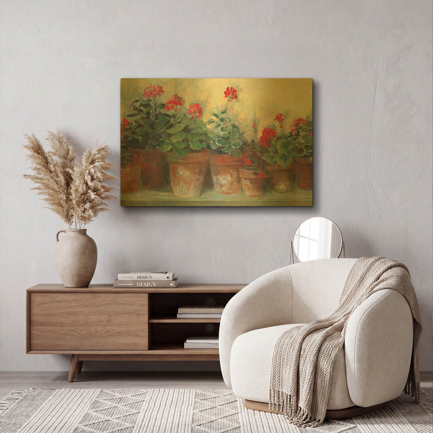 'Kathleens Geraniums' By Carol Rowan Gold Metal Wall Art