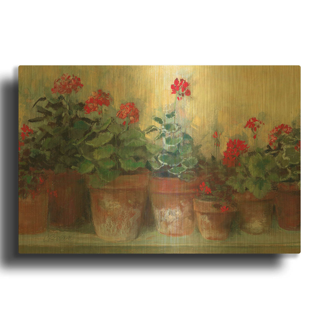 'Kathleens Geraniums' By Carol Rowan Gold Metal Wall Art
