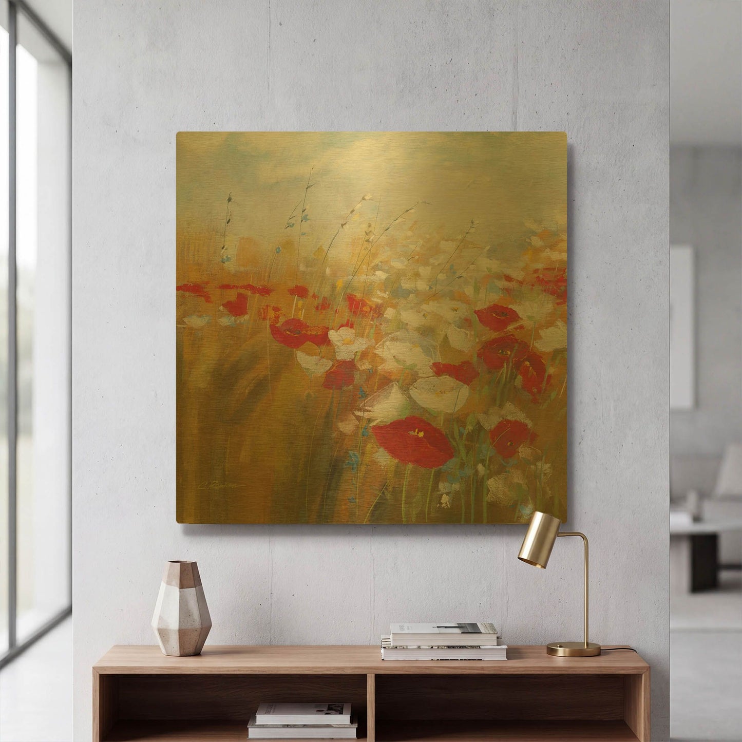'Poppies And Larkspur I' By Carol Rowan Gold Metal Wall Art