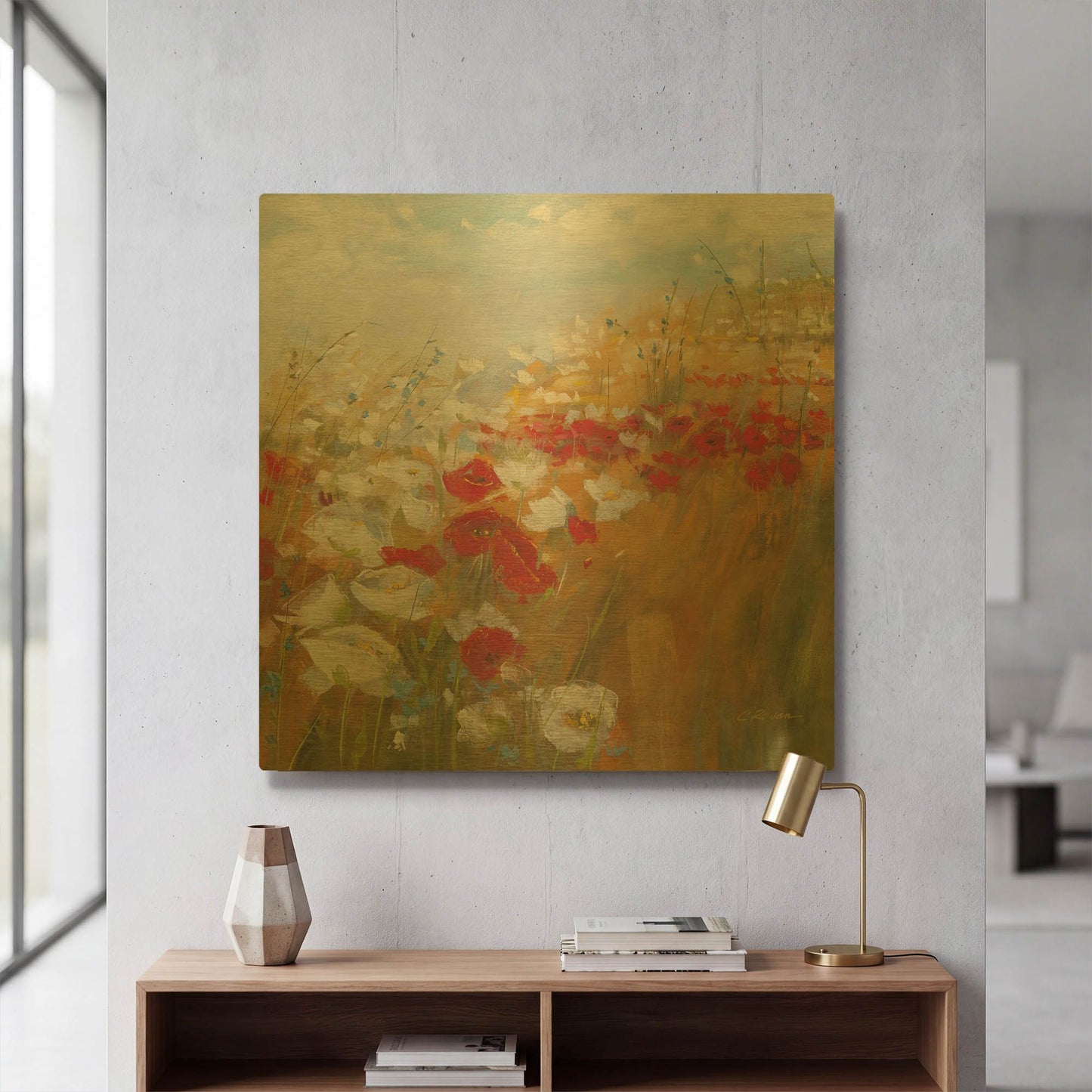 'Poppies And Larkspur II' By Carol Rowan Gold Metal Wall Art