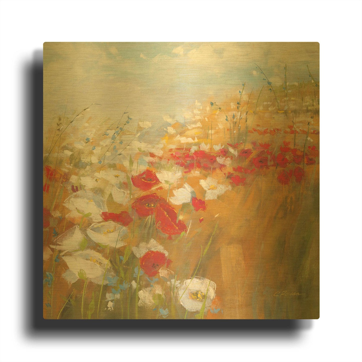 'Poppies And Larkspur II' By Carol Rowan Gold Metal Wall Art