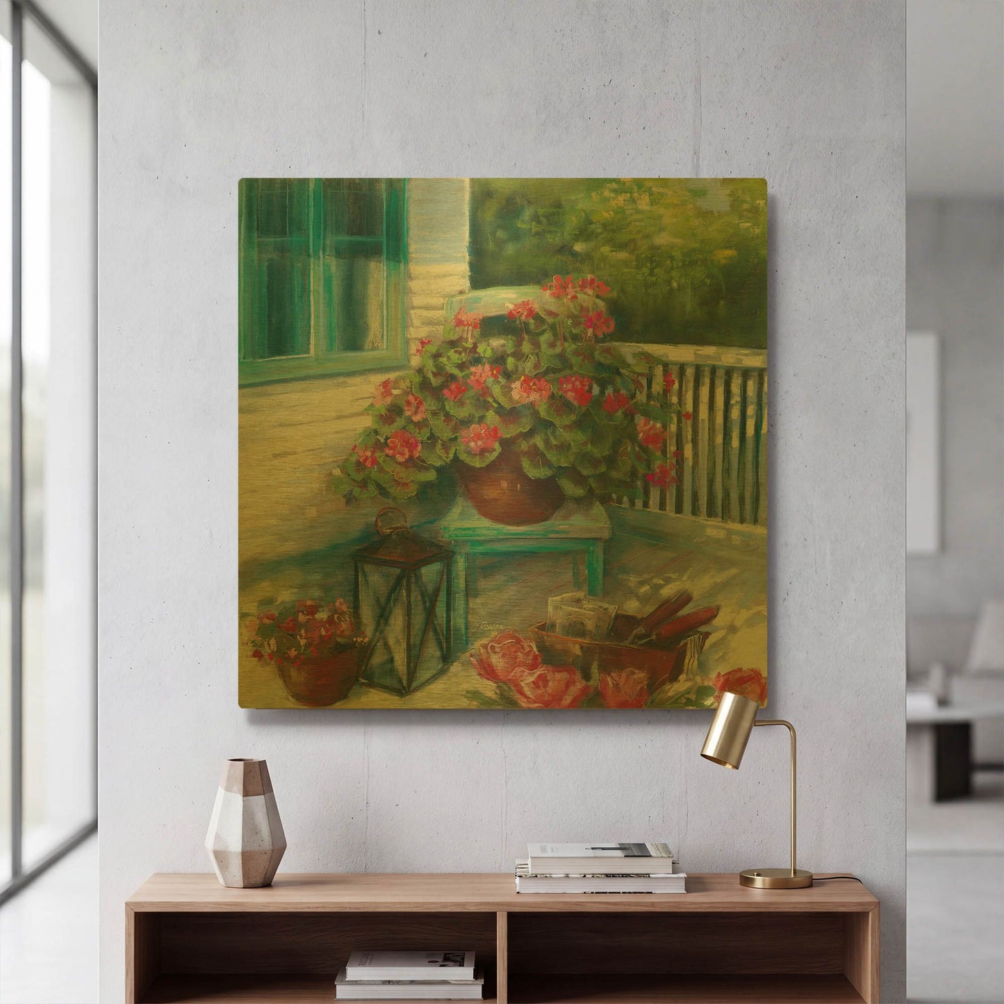 'Porch Geraniums' By Carol Rowan Gold Metal Wall Art