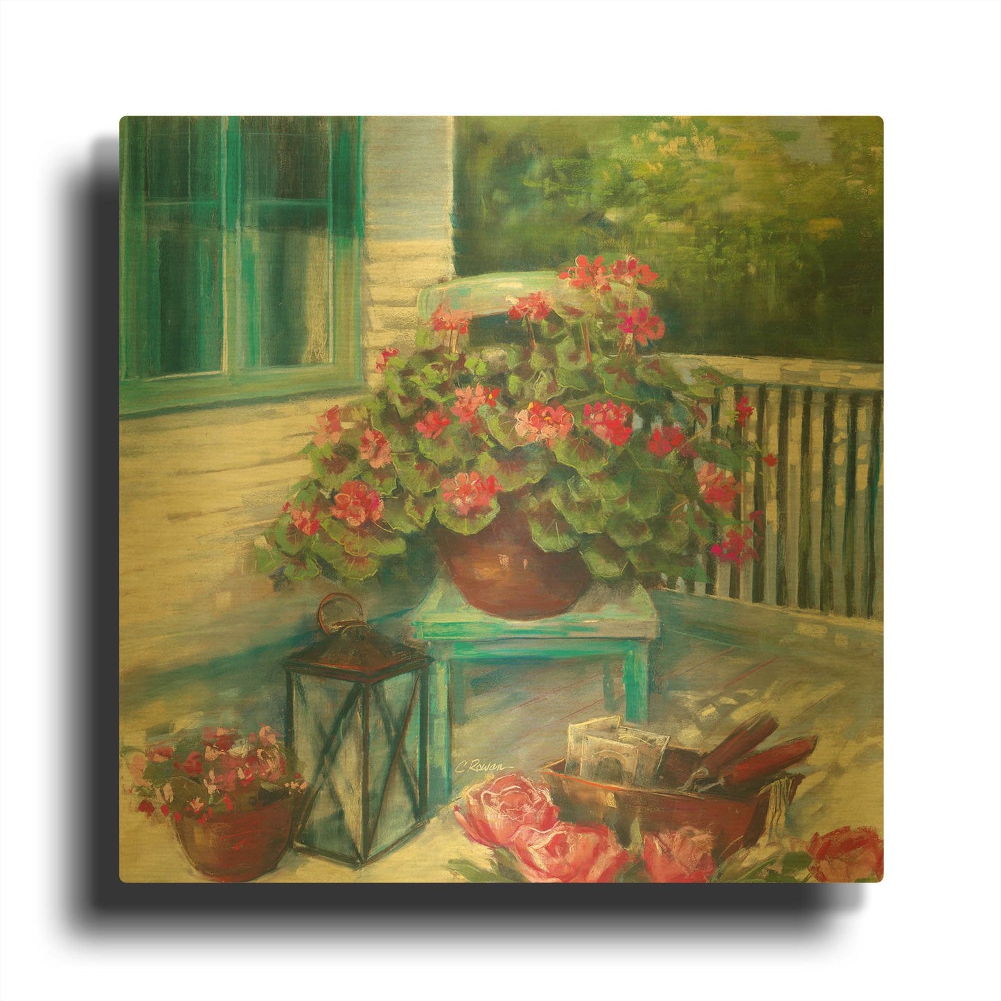 'Porch Geraniums' By Carol Rowan Gold Metal Wall Art