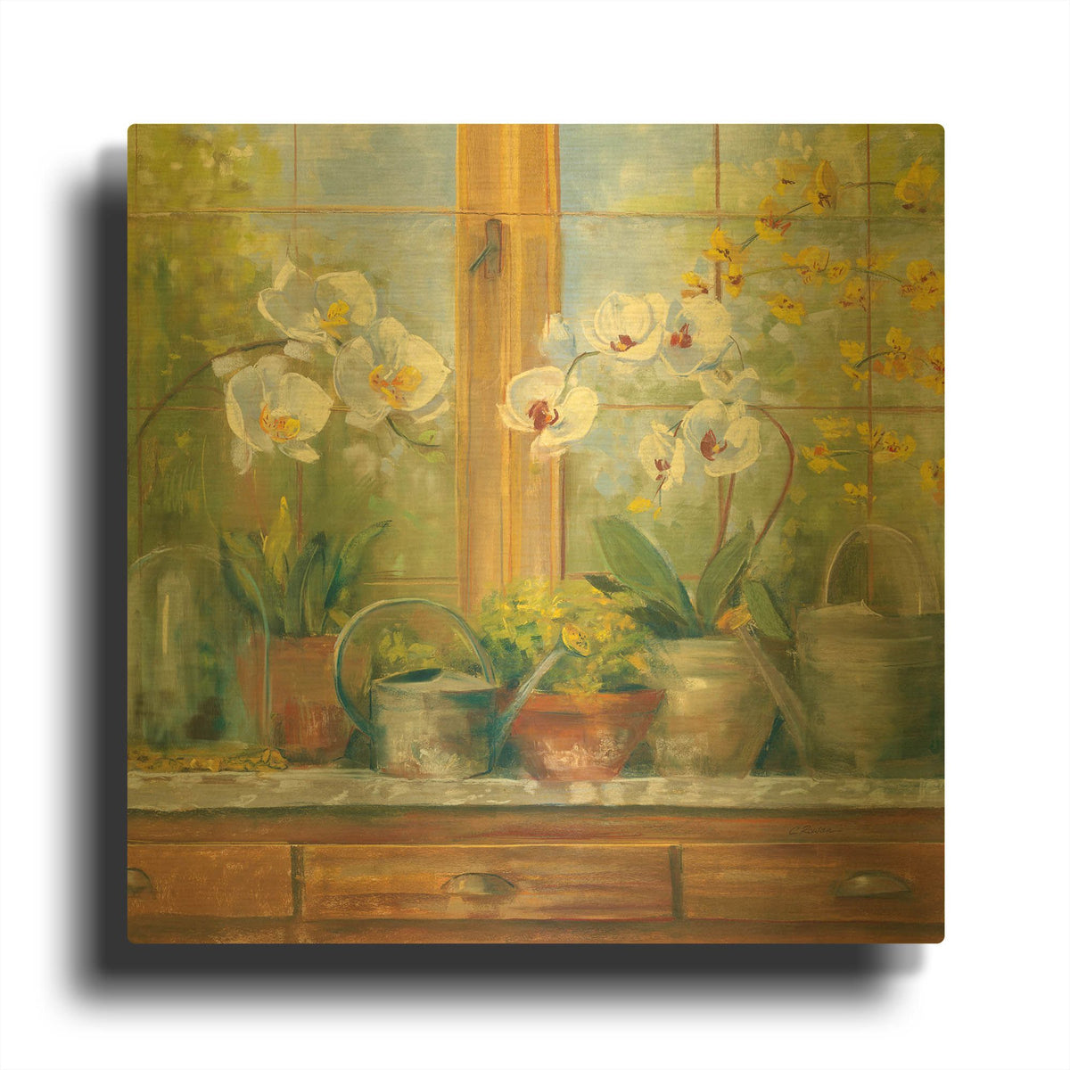 'Gardeners Table Orchids' By Carol Rowan Gold Metal Wall Art