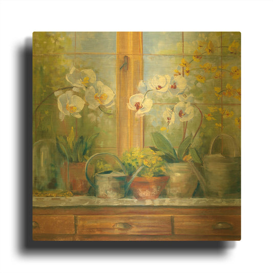 'Gardeners Table Orchids' By Carol Rowan Gold Metal Wall Art