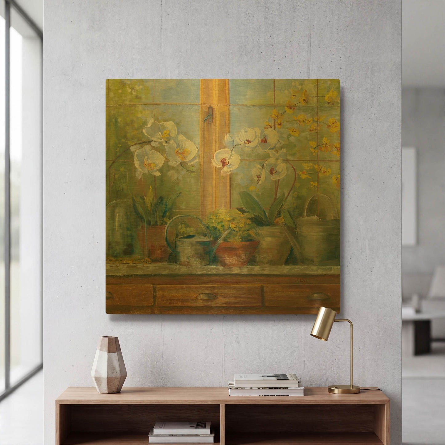 'Gardeners Table Orchids' By Carol Rowan Gold Metal Wall Art