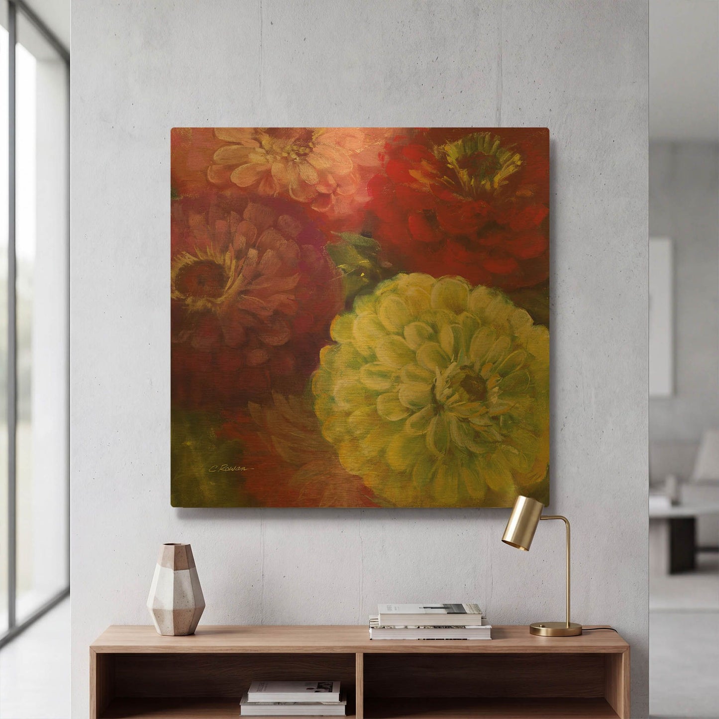 'Zinnia Gala I' By Carol Rowan Gold Metal Wall Art