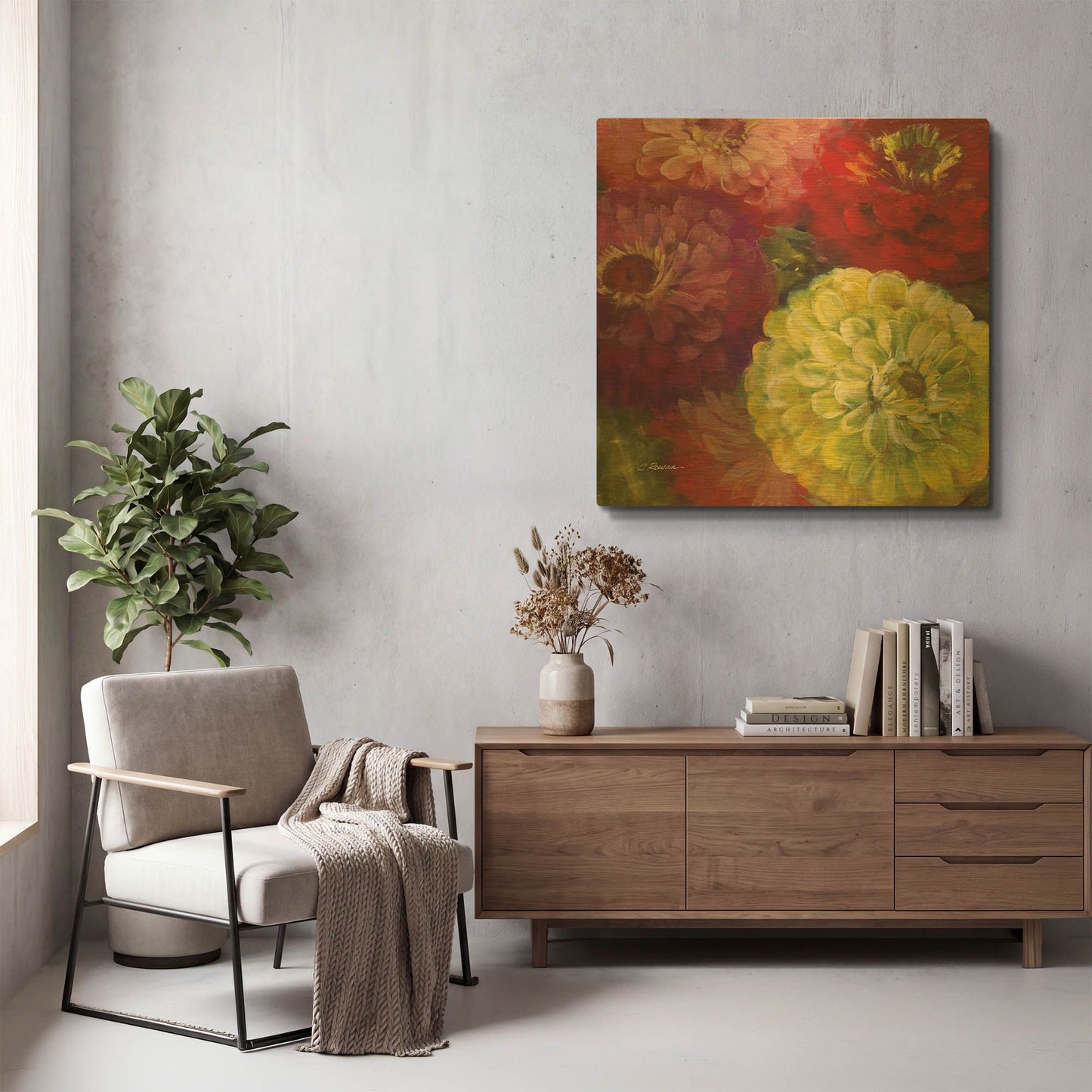 'Zinnia Gala I' By Carol Rowan Gold Metal Wall Art