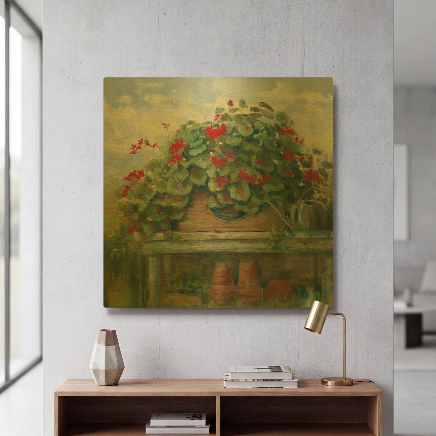 'Geranium Bench Crop' By Carol Rowan Gold Metal Wall Art