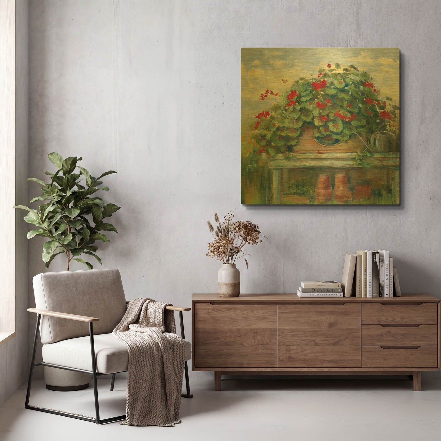 'Geranium Bench Crop' By Carol Rowan Gold Metal Wall Art