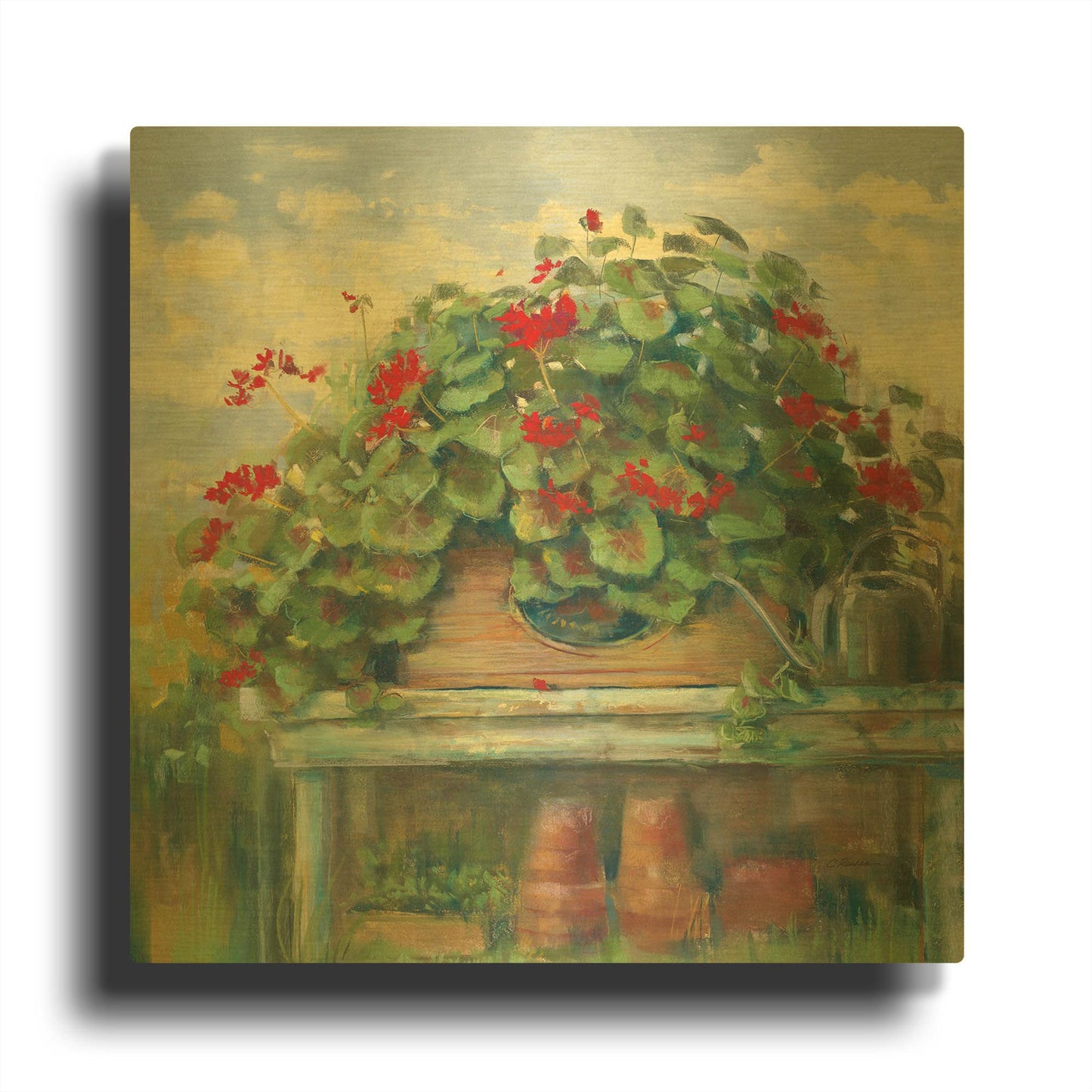 'Geranium Bench Crop' By Carol Rowan Gold Metal Wall Art