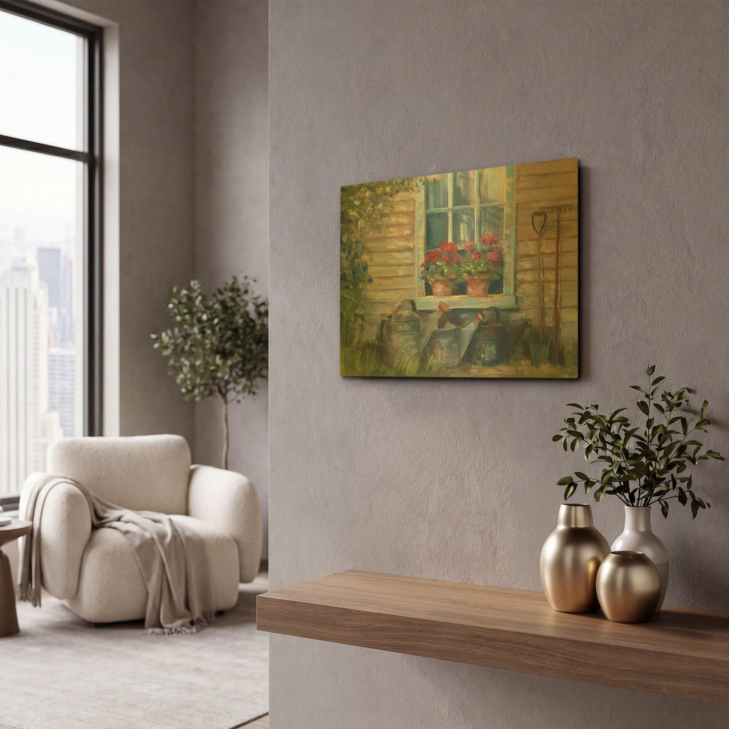 'Window With Geraniums' By Carol Rowan Gold Metal Wall Art