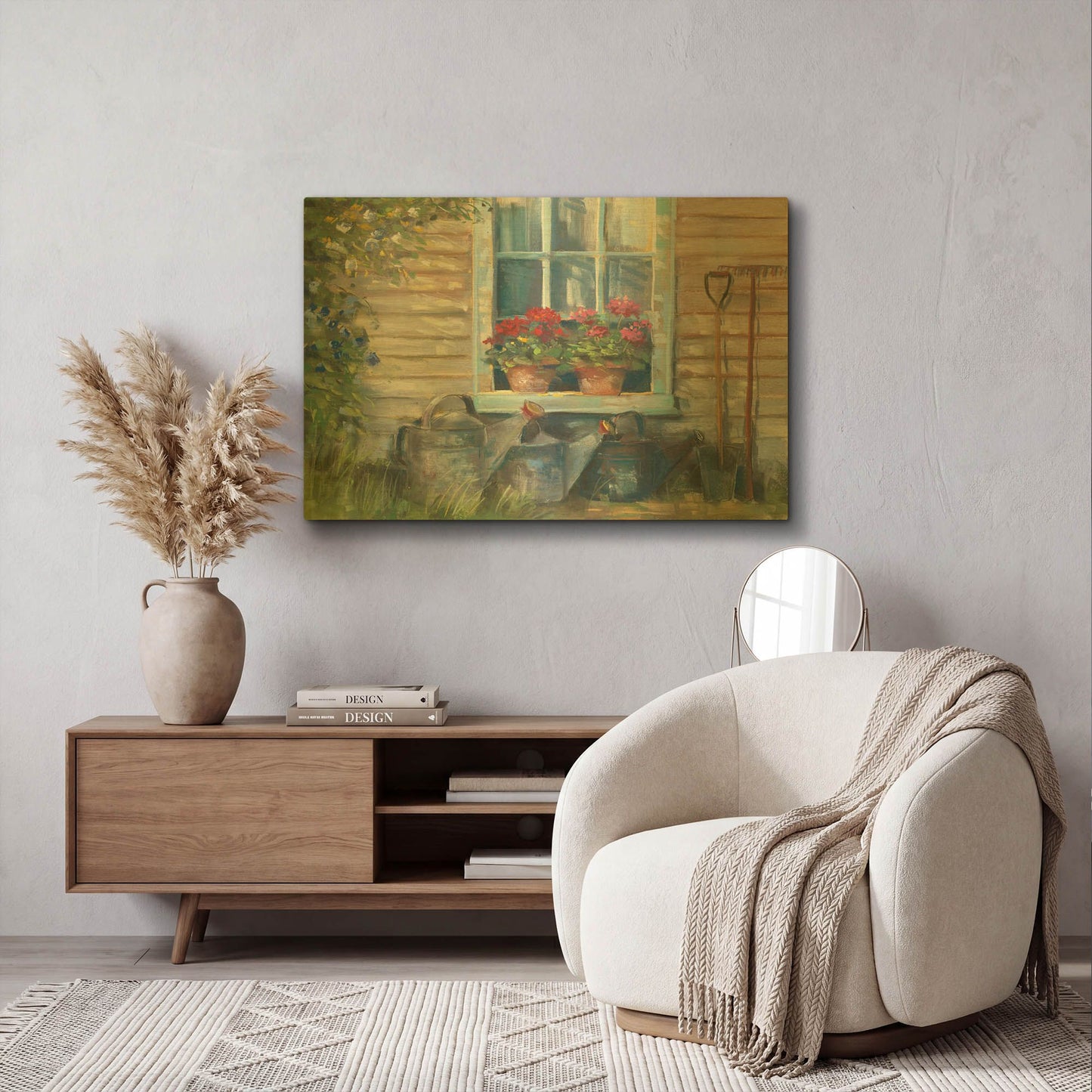 'Window With Geraniums' By Carol Rowan Gold Metal Wall Art