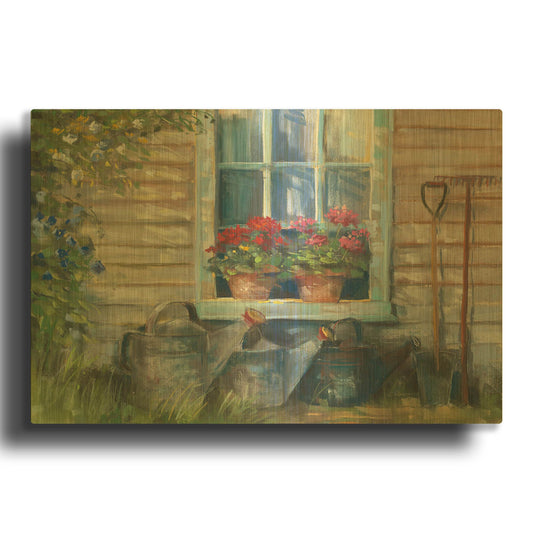 'Window With Geraniums' By Carol Rowan Gold Metal Wall Art