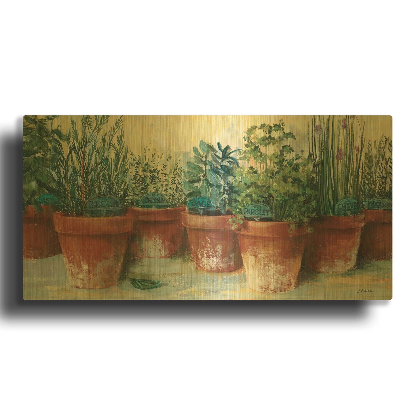 'Potted Herbs II' By Carol Rowan Gold Metal Wall Art