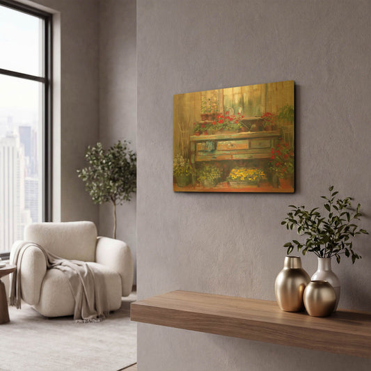 'Gardeners Table' By Carol Rowan Gold Metal Wall Art