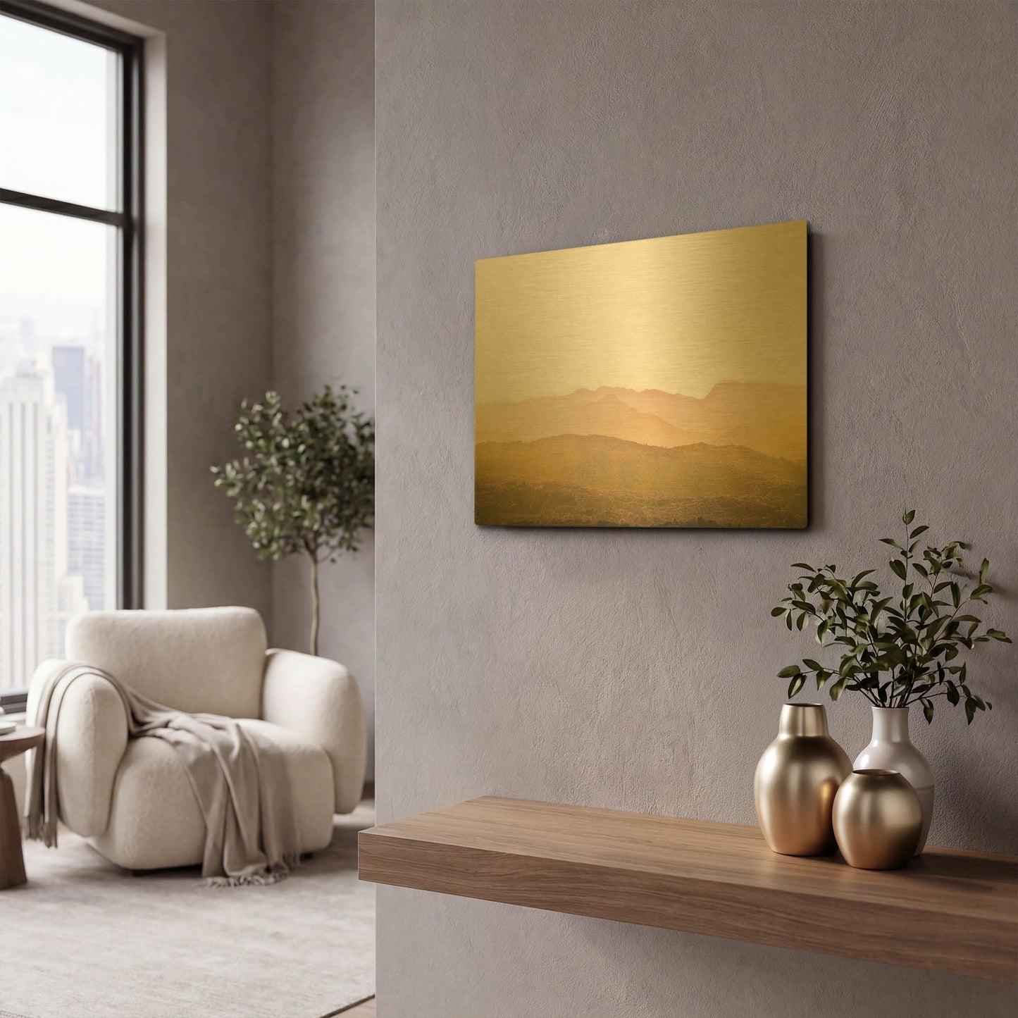 'A Watercolor Wash Of Light Crop Mustard And Blush' By Keri Bevan Gold Metal Wall Art