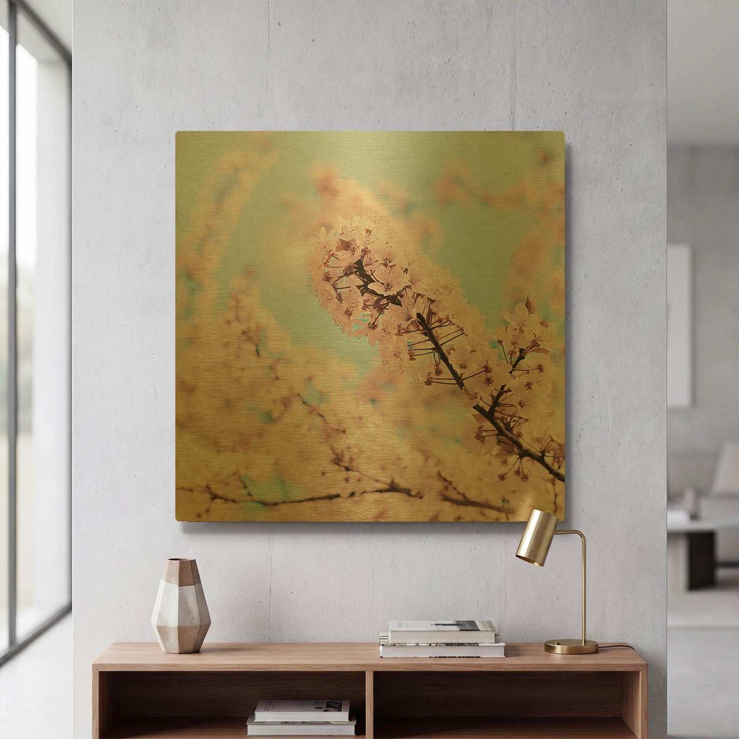 'Cherry Blossom Clouds' By Keri Bevan Gold Metal Wall Art