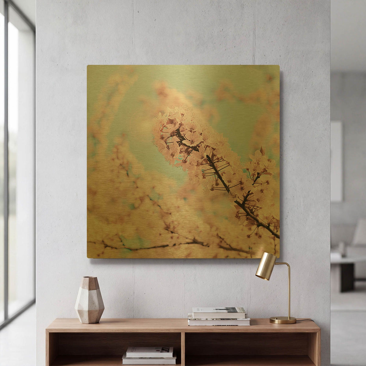 'Cherry Blossom Clouds' By Keri Bevan Gold Metal Wall Art
