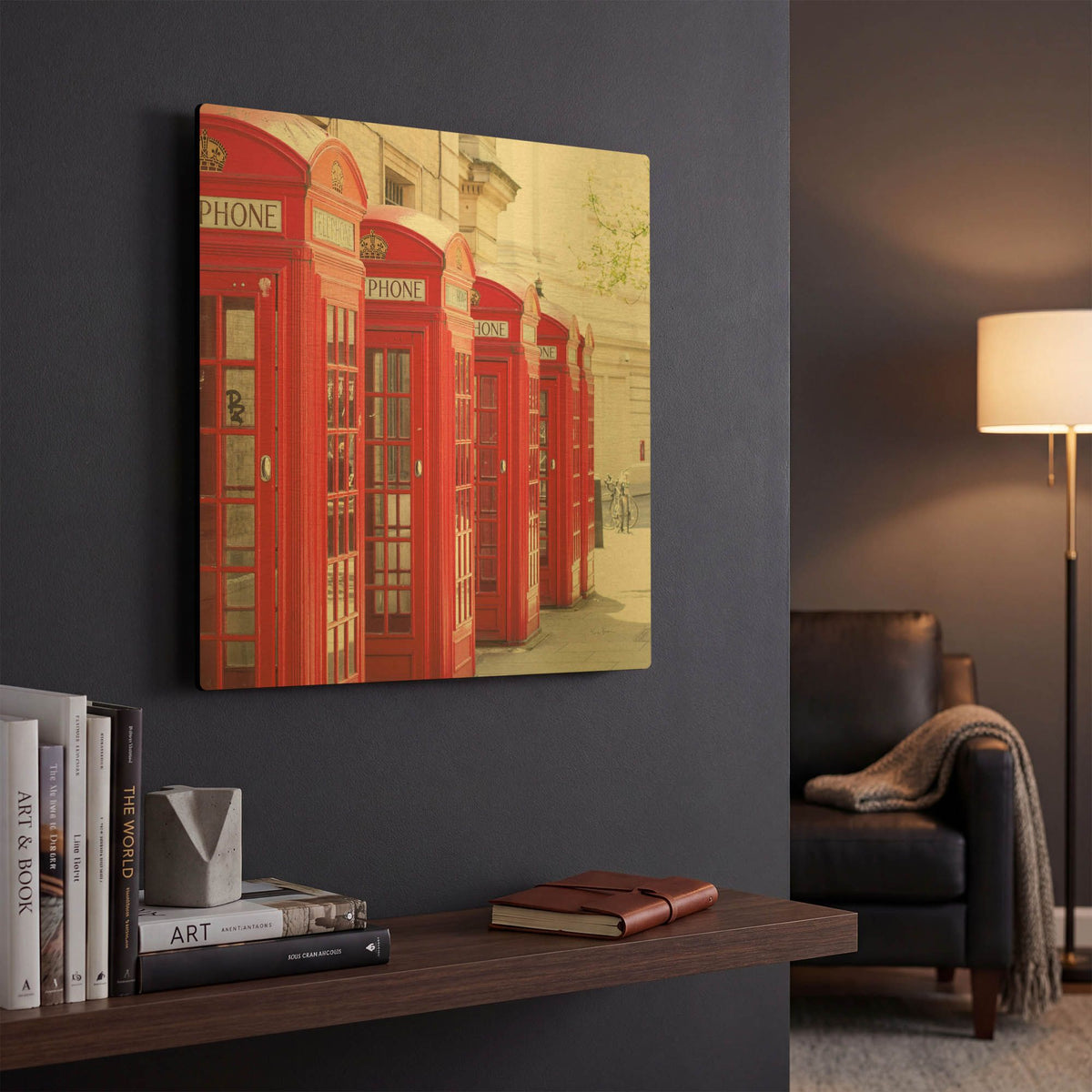 'Covent Garden Phone Boxes' By Keri Bevan Gold Metal Wall Art