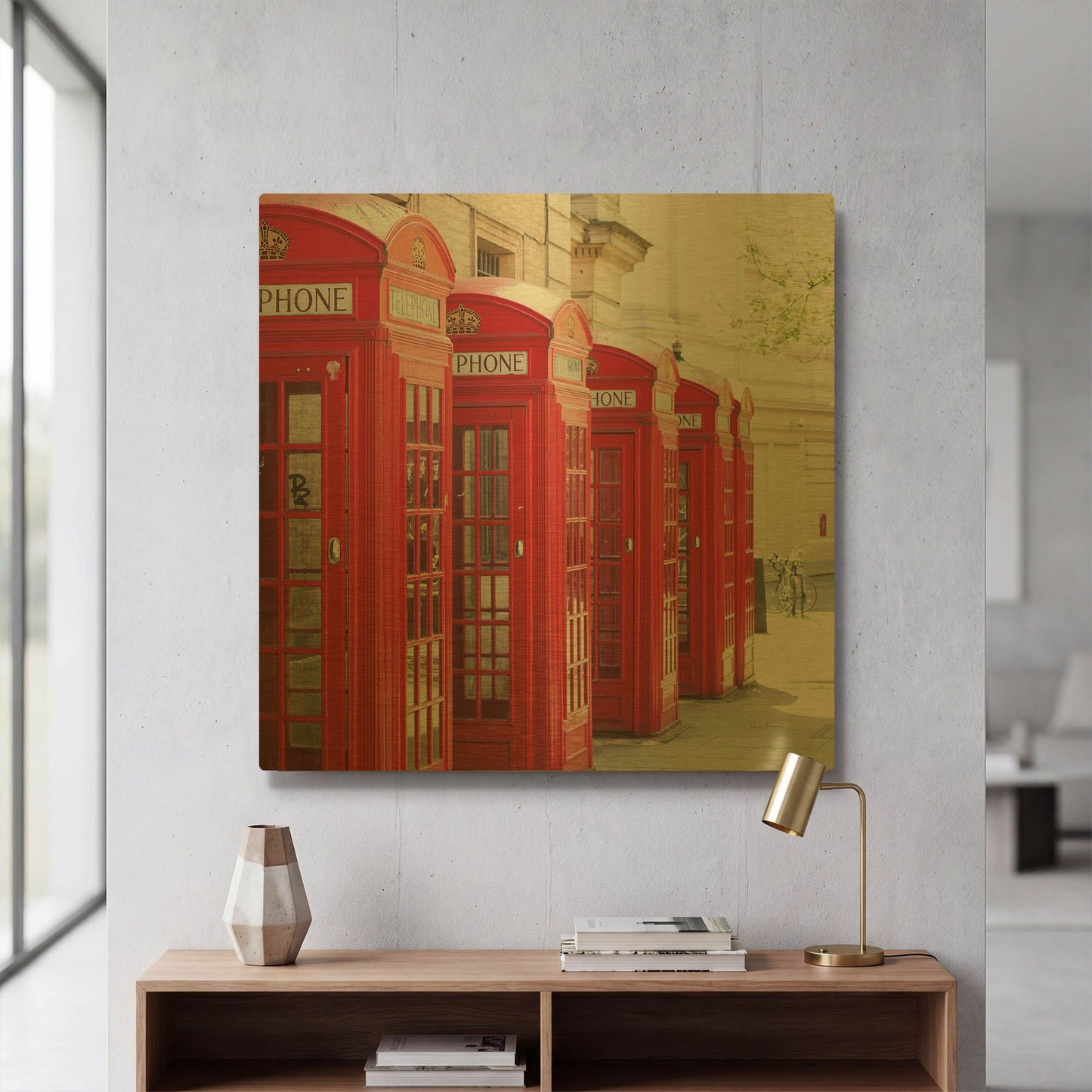 'Covent Garden Phone Boxes' By Keri Bevan Gold Metal Wall Art