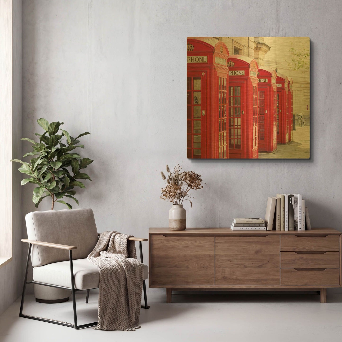 'Covent Garden Phone Boxes' By Keri Bevan Gold Metal Wall Art