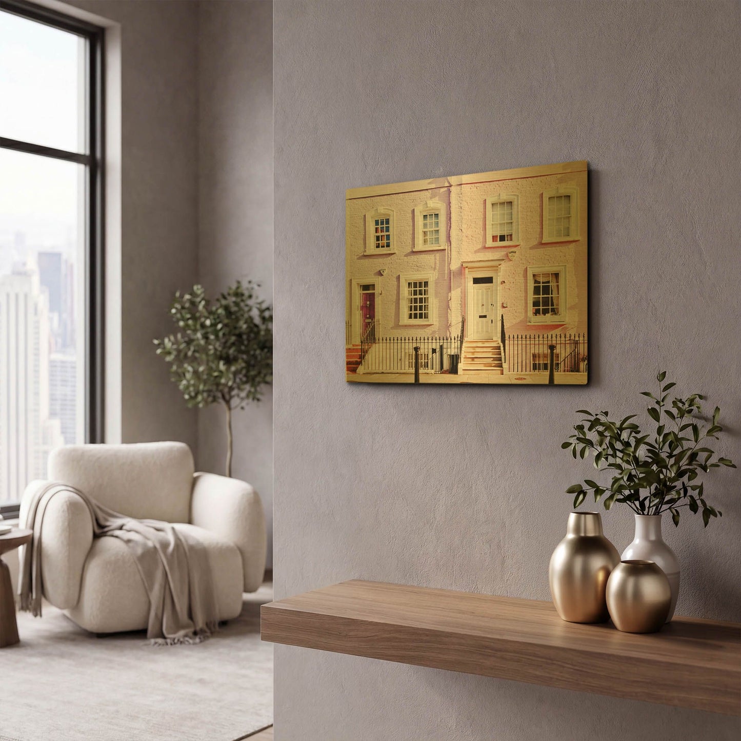 'London Pink Purple Houses' By Keri Bevan Gold Metal Wall Art