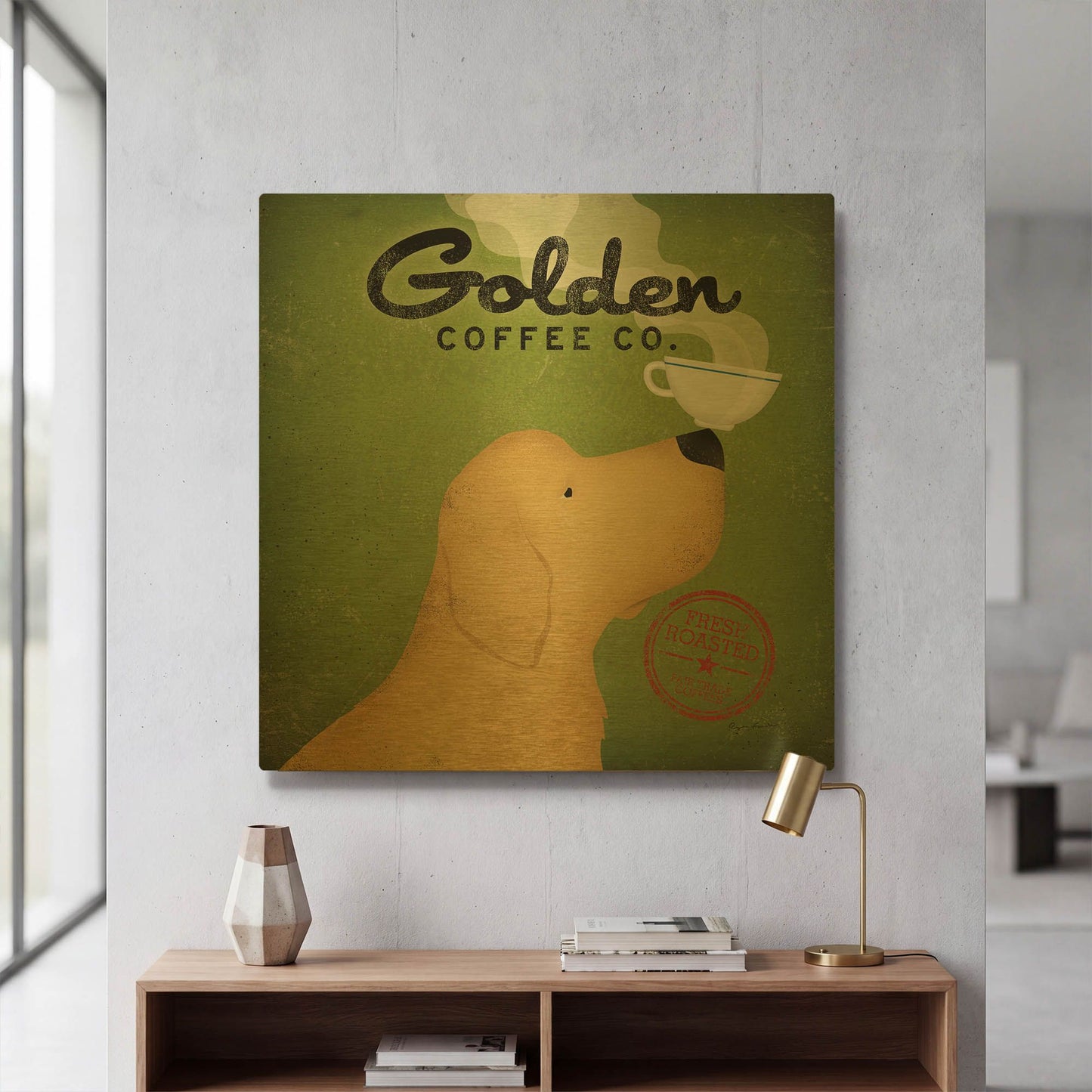 'Golden Coffee Co On Green' By Ryan Fowler Gold Metal Wall Art