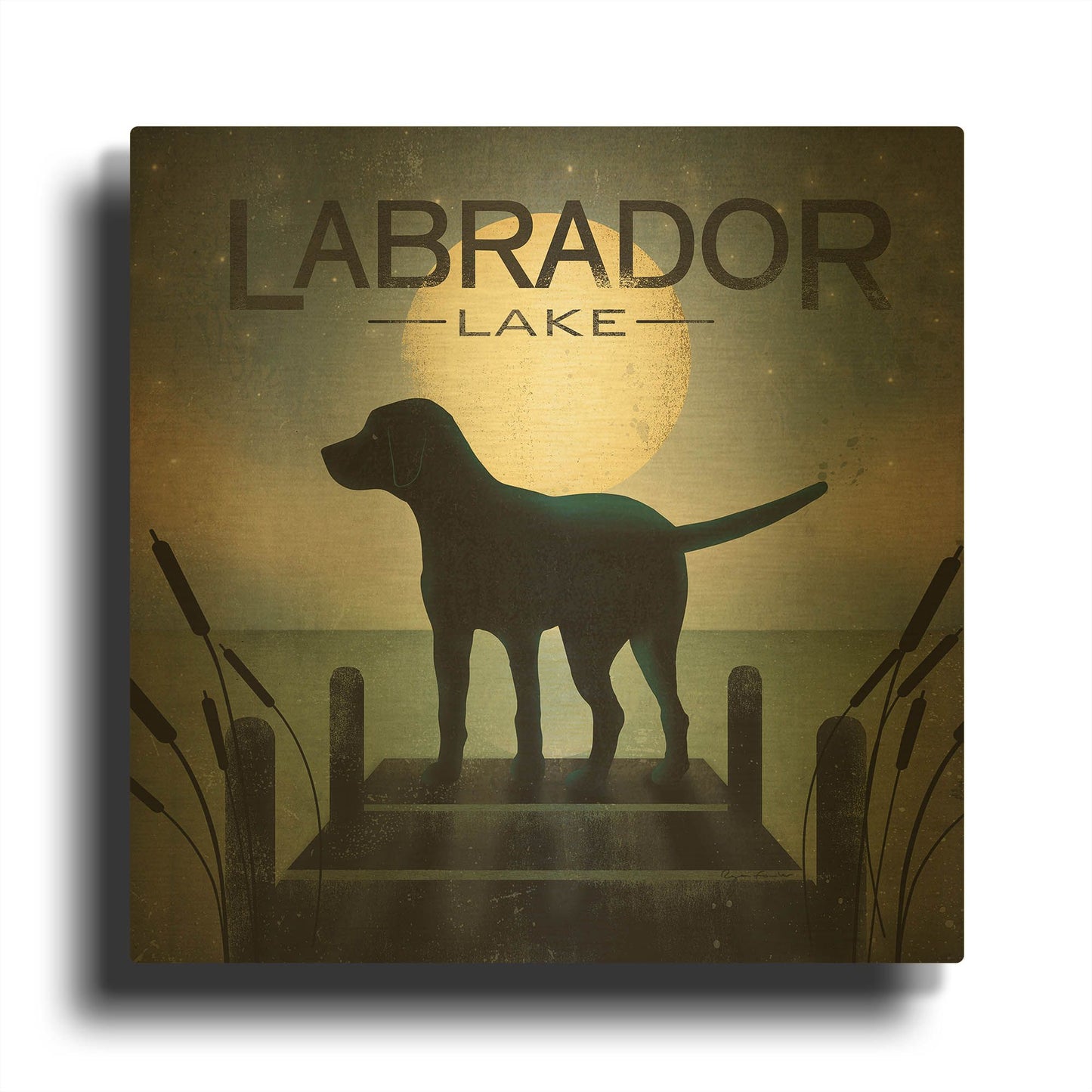'Moonrise Black Dog - Labrador Lake 2' By Ryan Fowler Gold Metal Wall Art