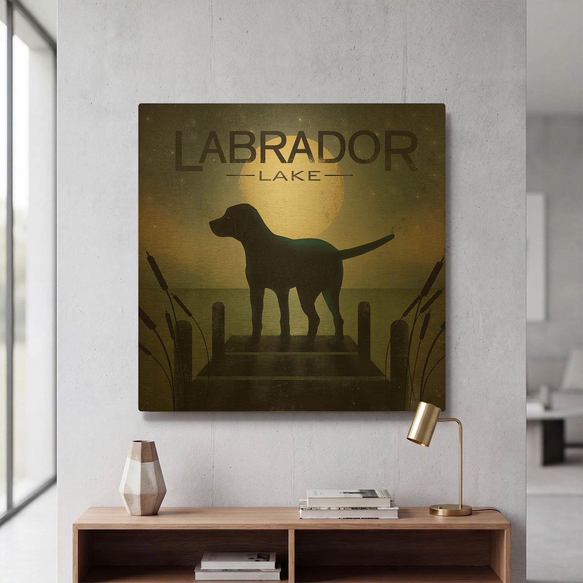 'Moonrise Black Dog - Labrador Lake 2' By Ryan Fowler Gold Metal Wall Art
