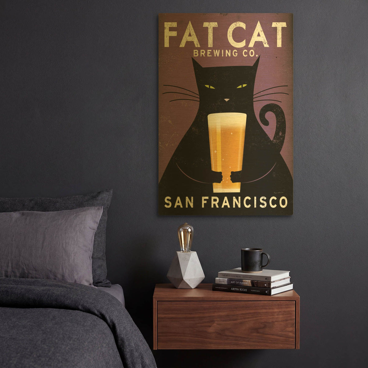 'Cat Brewing' By Ryan Fowler Gold Metal Wall Art
