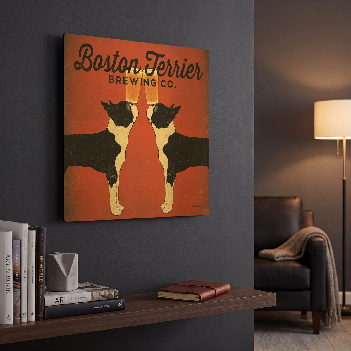 'Boston Terrier Brewing Co Square' By Ryan Fowler Gold Metal Wall Art