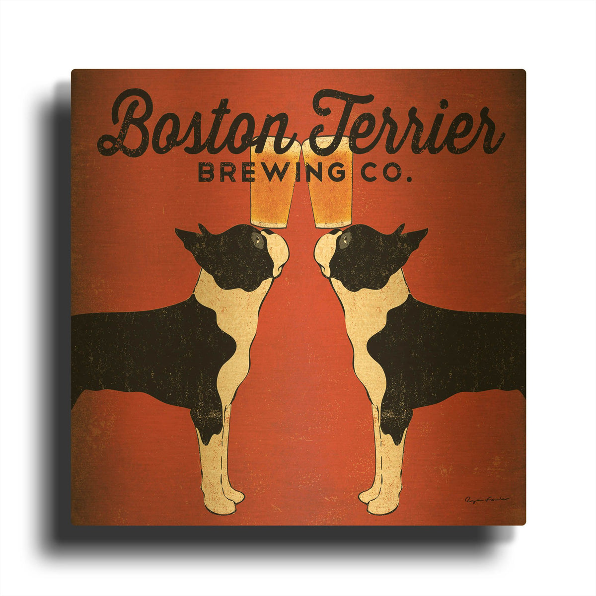 'Boston Terrier Brewing Co Square' By Ryan Fowler Gold Metal Wall Art
