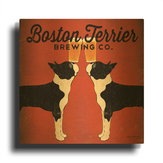 'Boston Terrier Brewing Co Square' By Ryan Fowler Gold Metal Wall Art