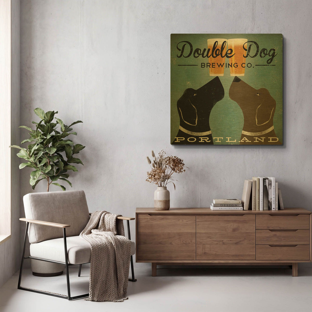 'Double Dog Brewing Co' By Ryan Fowler Gold Metal Wall Art