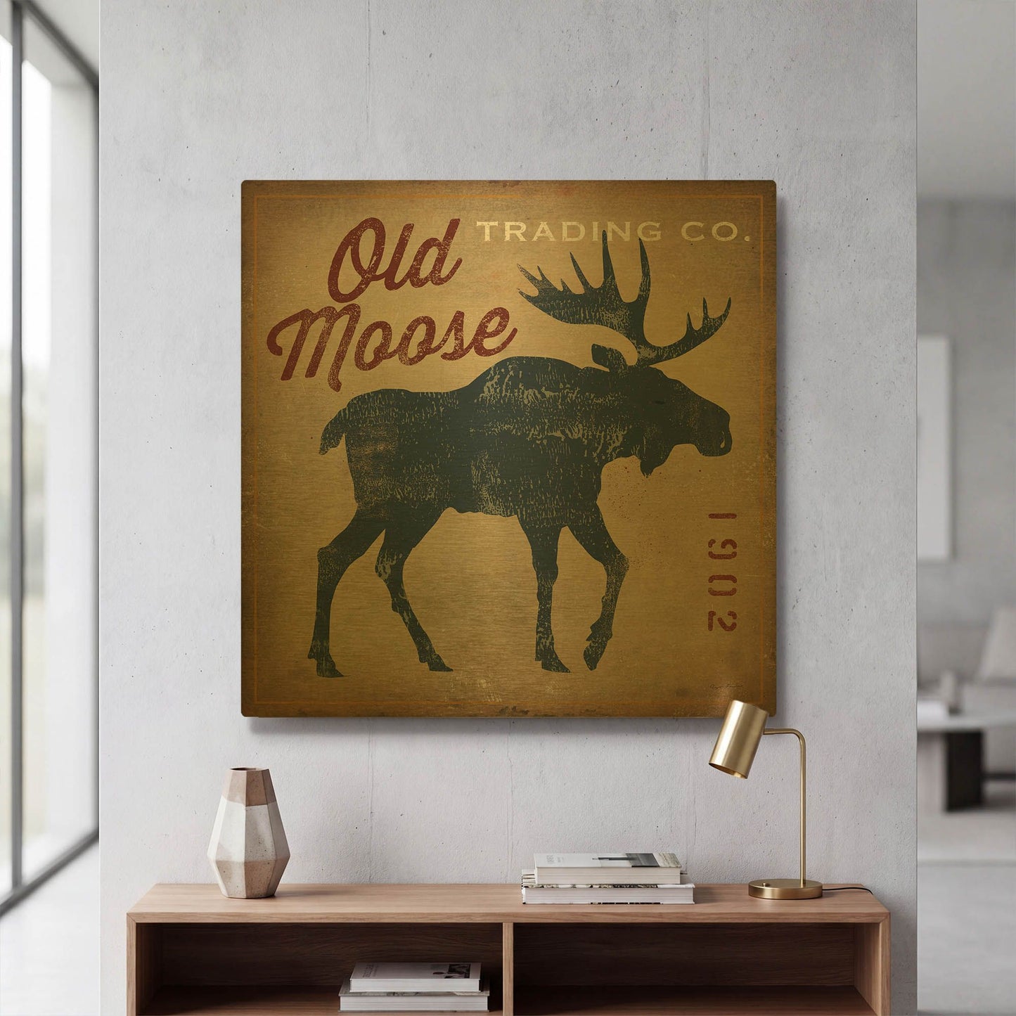 'Old Moose Trading Co' By Ryan Fowler Gold Metal Wall Art
