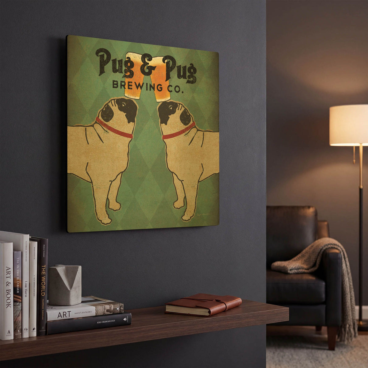 'Pug And Pug Brewing Square' By Ryan Fowler Gold Metal Wall Art