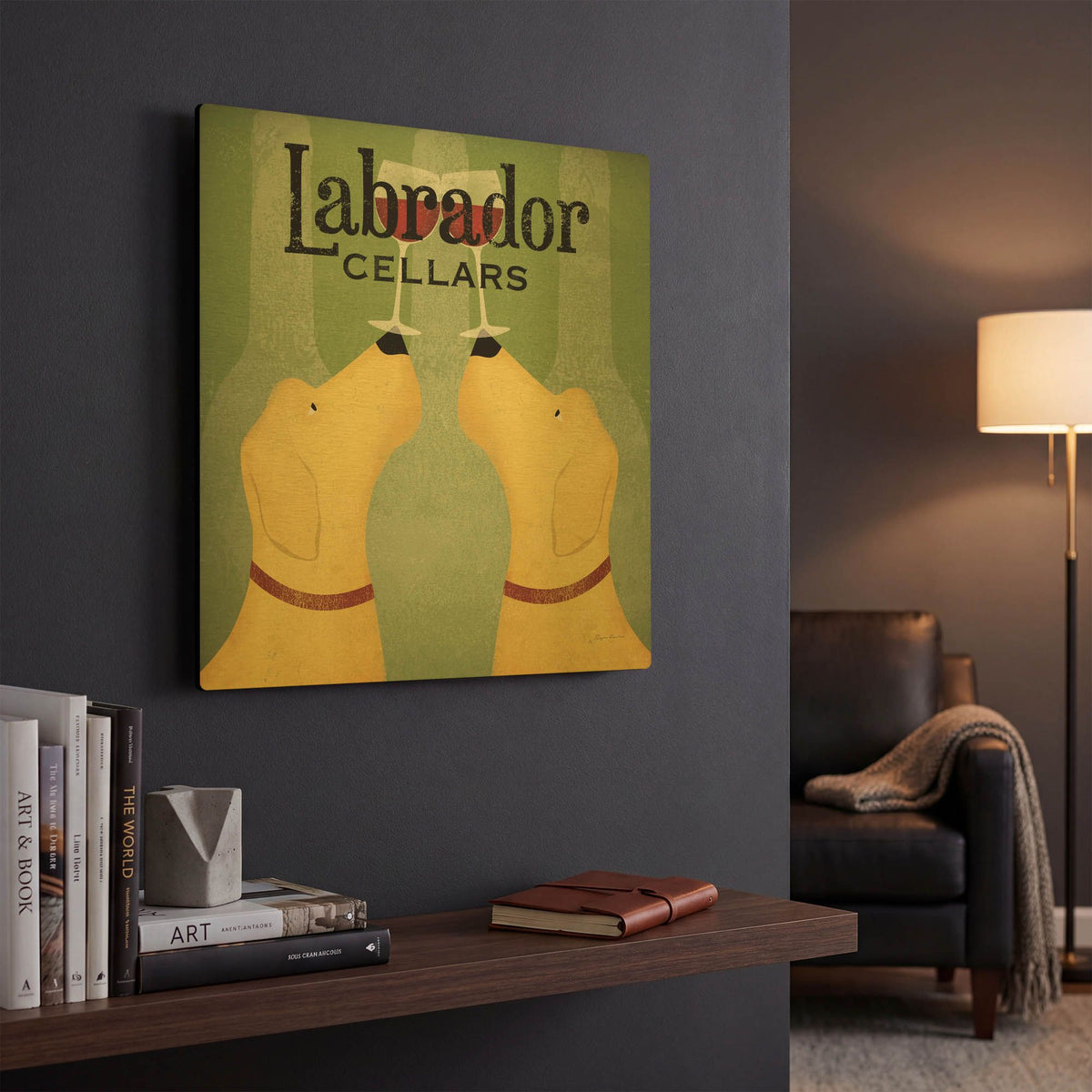 'Two Labrador Wine Dogs Square' By Ryan Fowler Gold Metal Wall Art