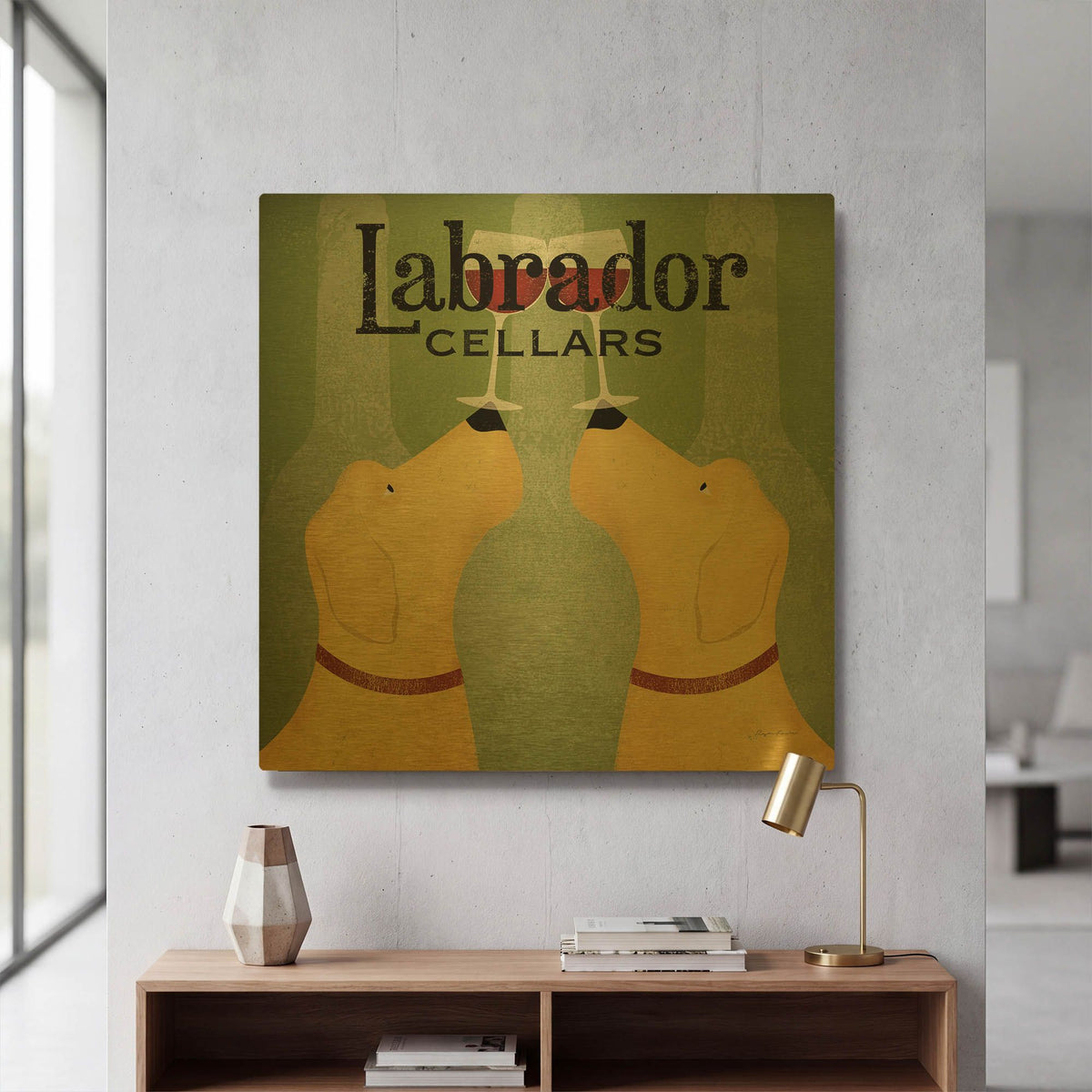 'Two Labrador Wine Dogs Square' By Ryan Fowler Gold Metal Wall Art