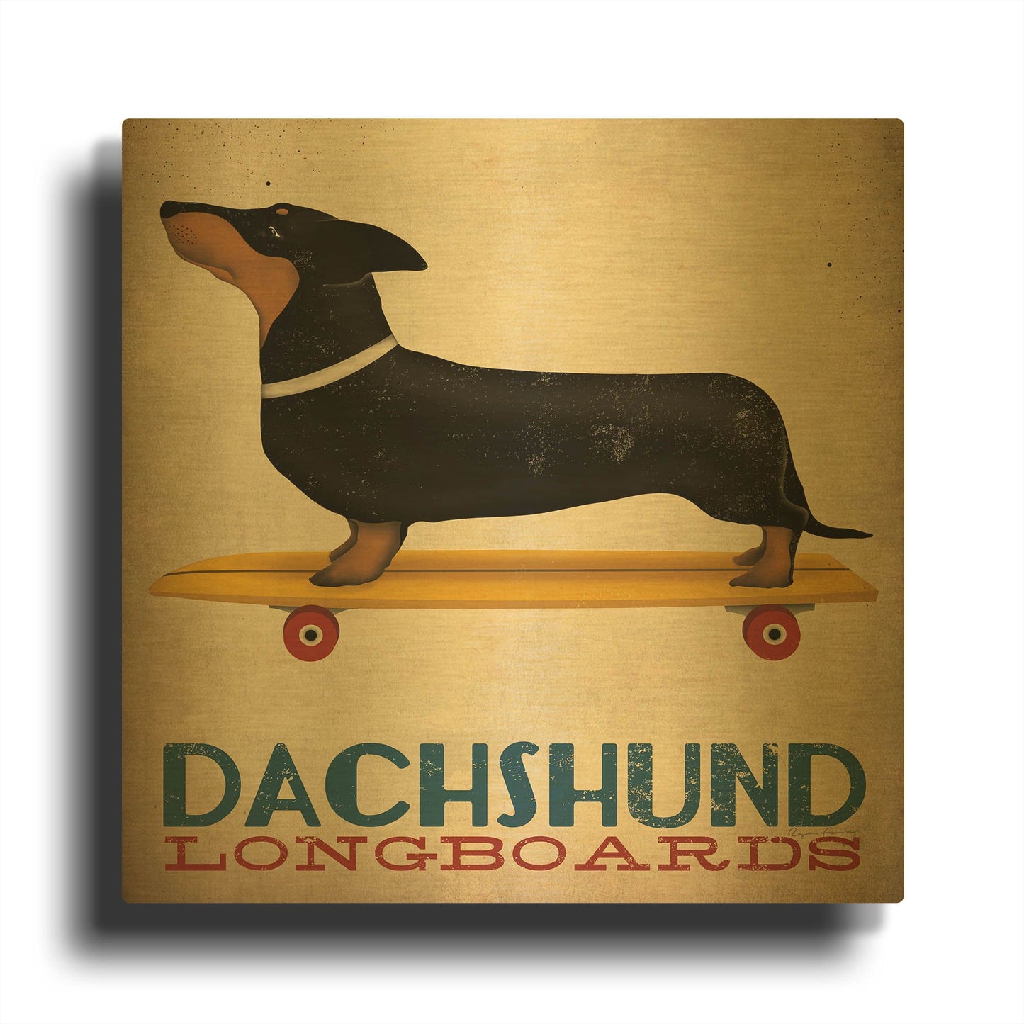 'Dachshund Longboards' By Ryan Fowler Gold Metal Wall Art