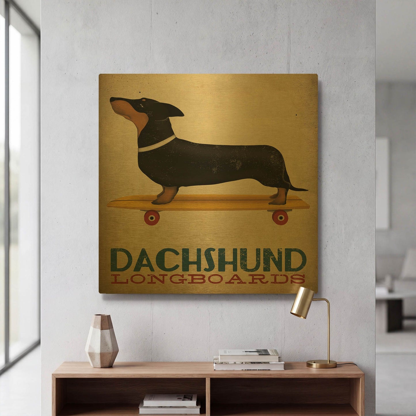 'Dachshund Longboards' By Ryan Fowler Gold Metal Wall Art