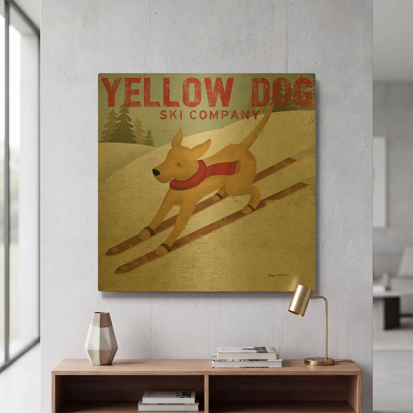 'Yellow Dog Ski Co' By Ryan Fowler Gold Metal Wall Art