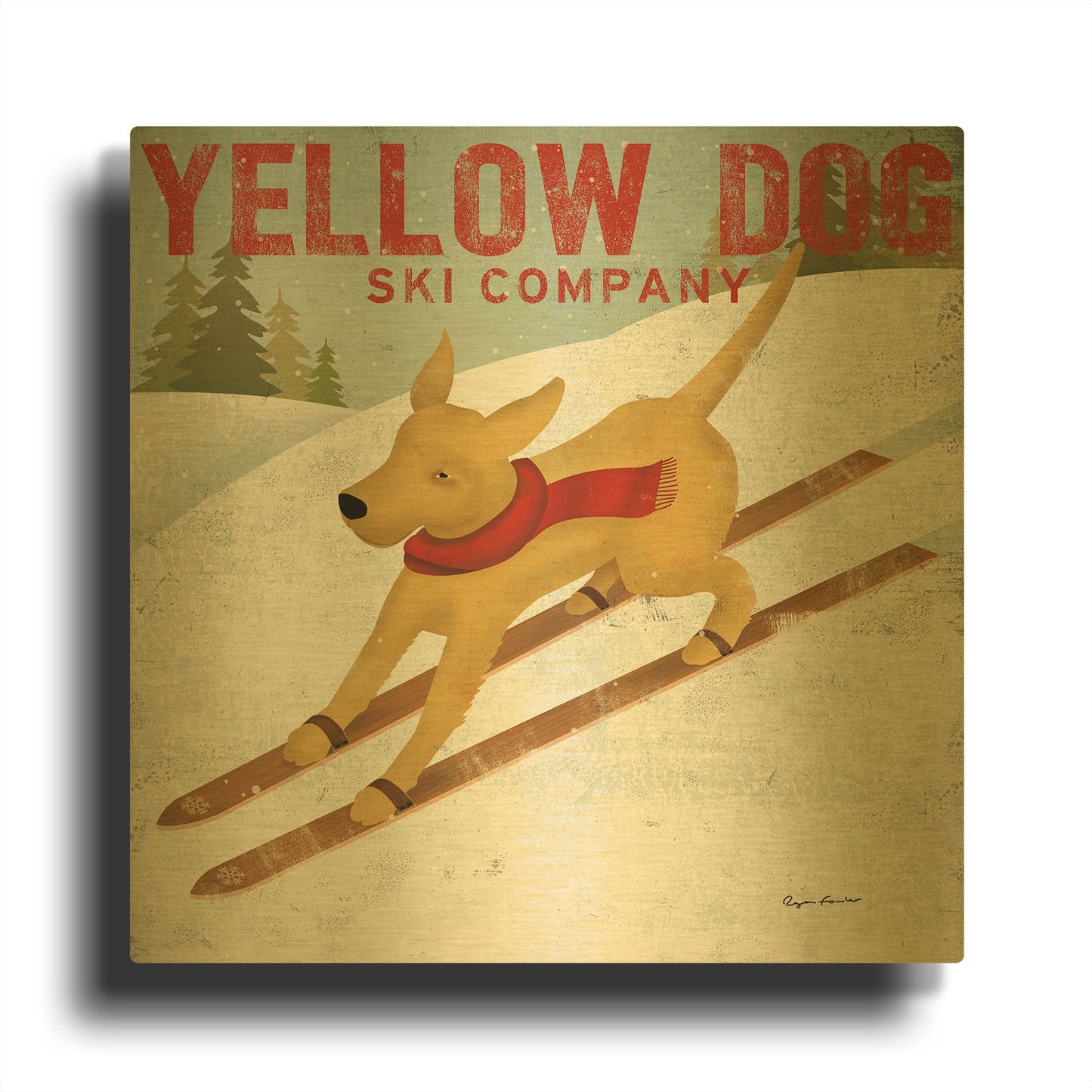 'Yellow Dog Ski Co' By Ryan Fowler Gold Metal Wall Art