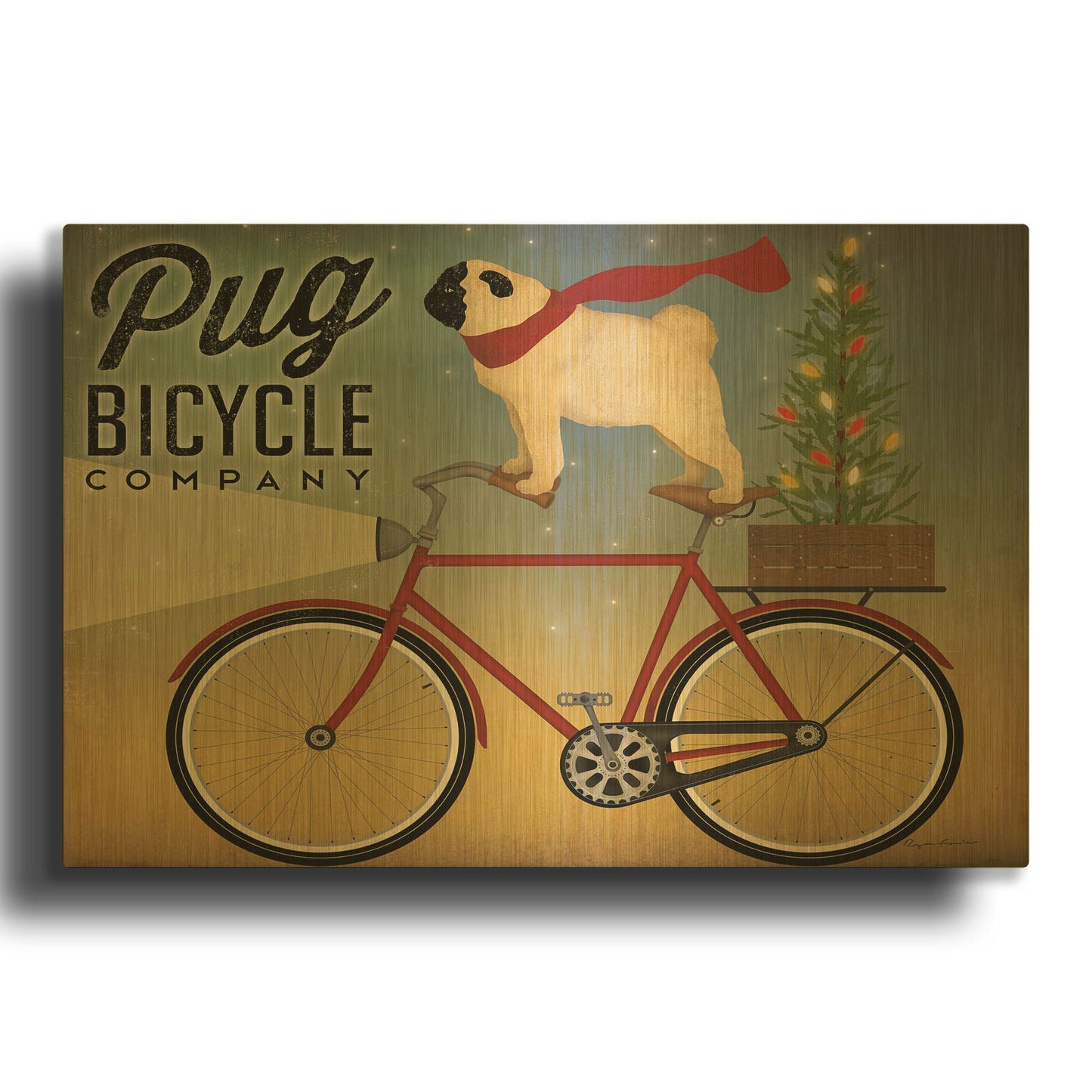 'Pug On A Bike Christmas Crop' By Ryan Fowler Gold Metal Wall Art
