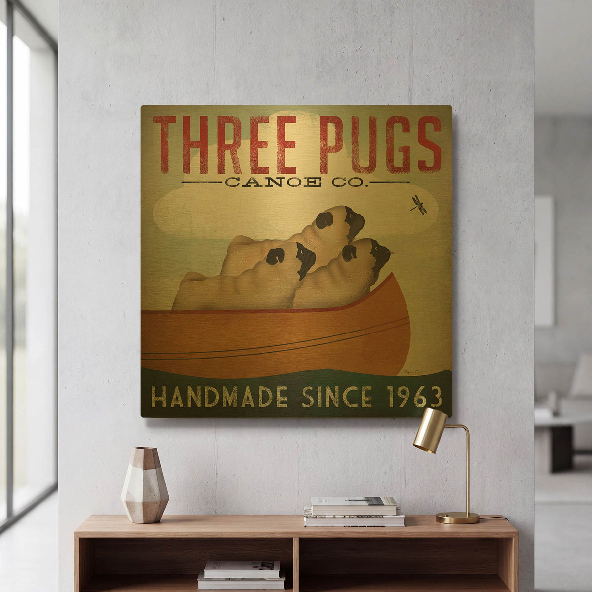 'Three Pugs In A Canoe' By Ryan Fowler Gold Metal Wall Art