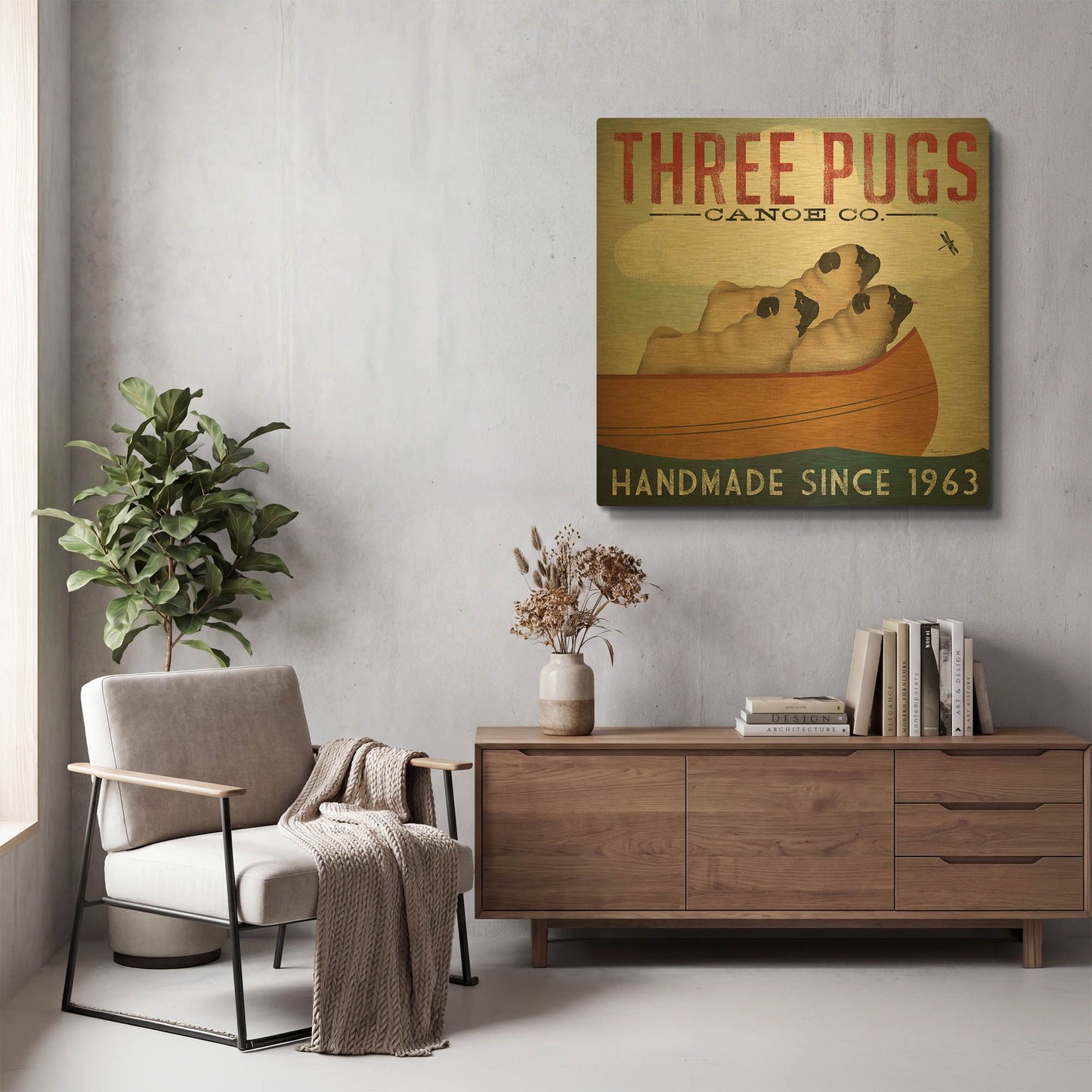 'Three Pugs In A Canoe' By Ryan Fowler Gold Metal Wall Art