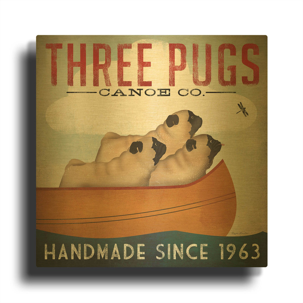 'Three Pugs In A Canoe' By Ryan Fowler Gold Metal Wall Art