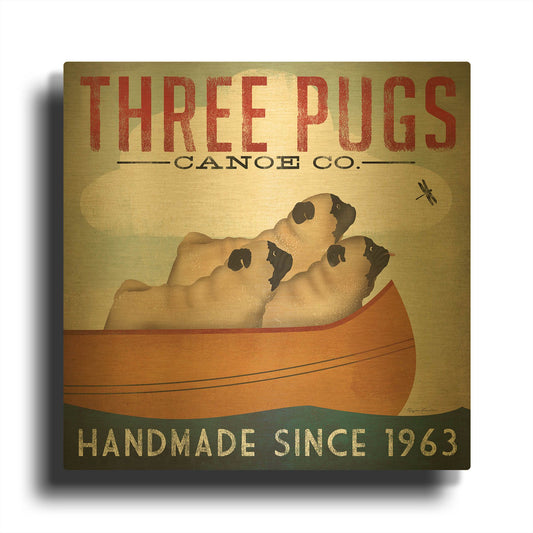 'Three Pugs In A Canoe' By Ryan Fowler Gold Metal Wall Art