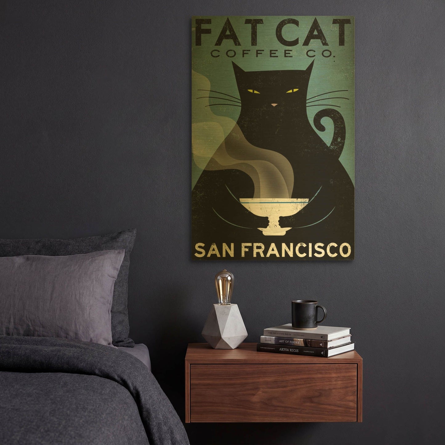 'Cat Coffee' By Ryan Fowler Gold Metal Wall Art