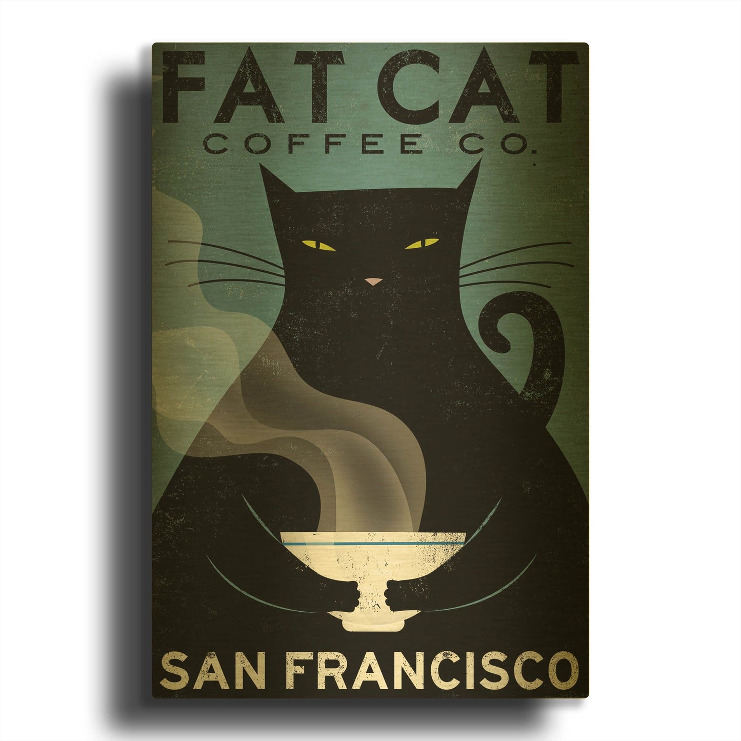 'Cat Coffee' By Ryan Fowler Gold Metal Wall Art